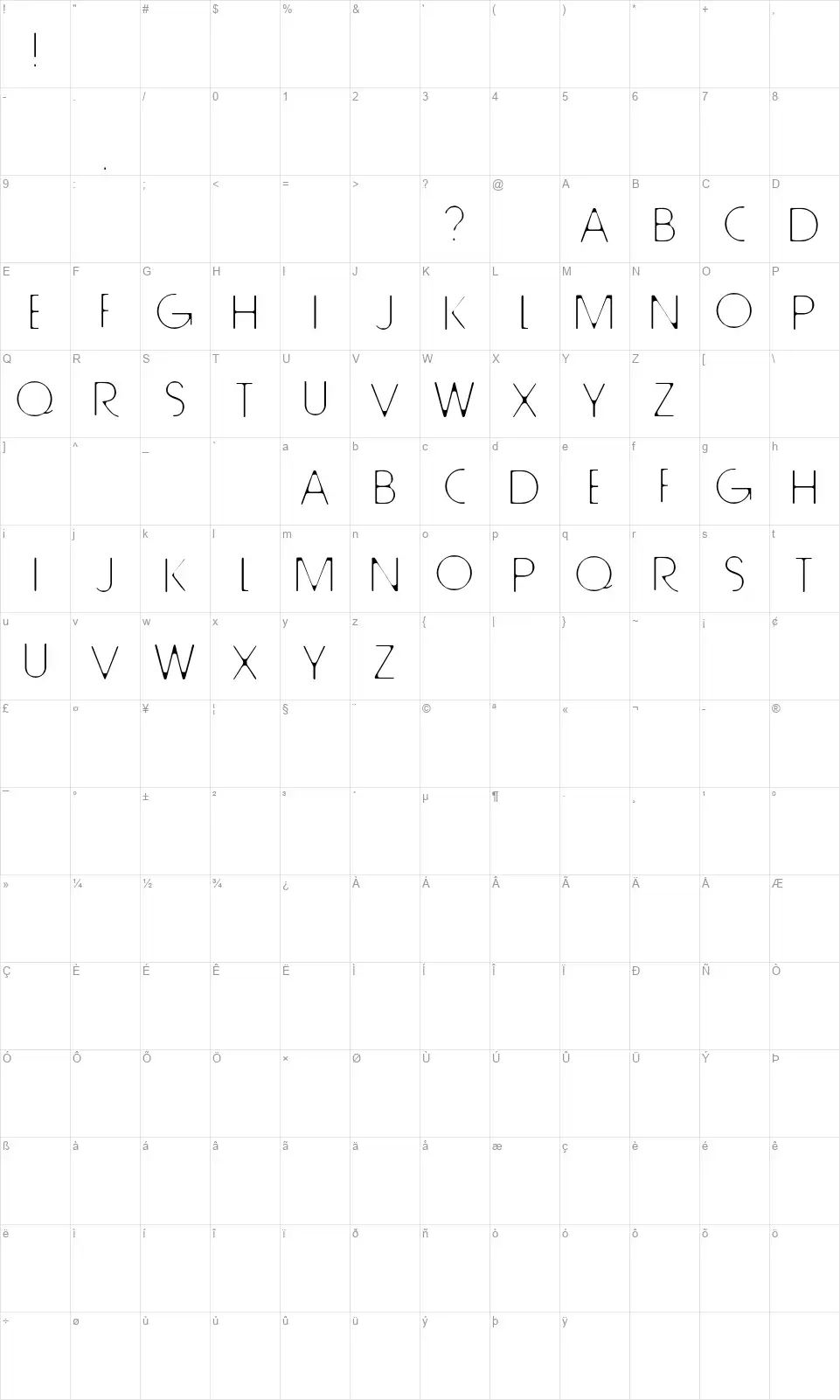 Tall Treesfont character map
