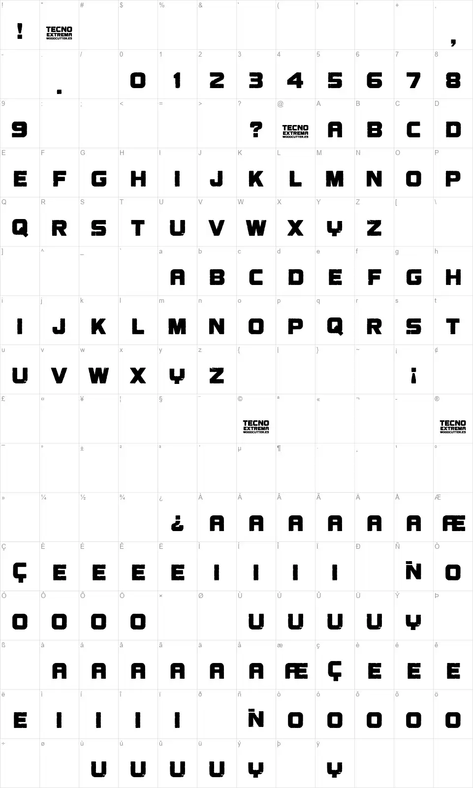 Tecno Extremafont character map