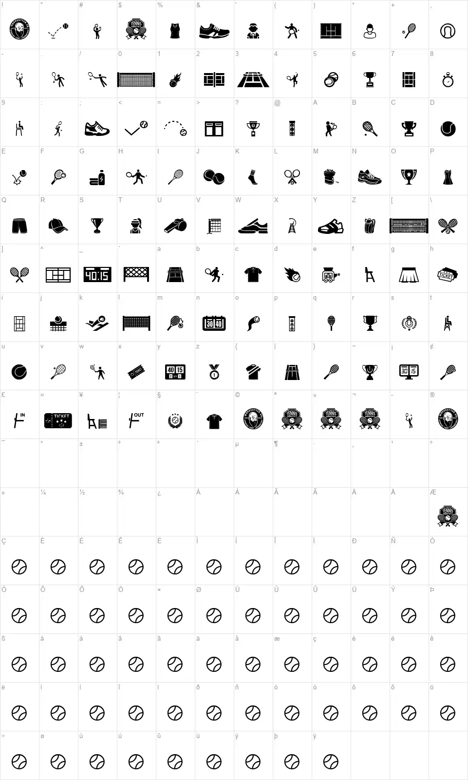 Tennisfont character map