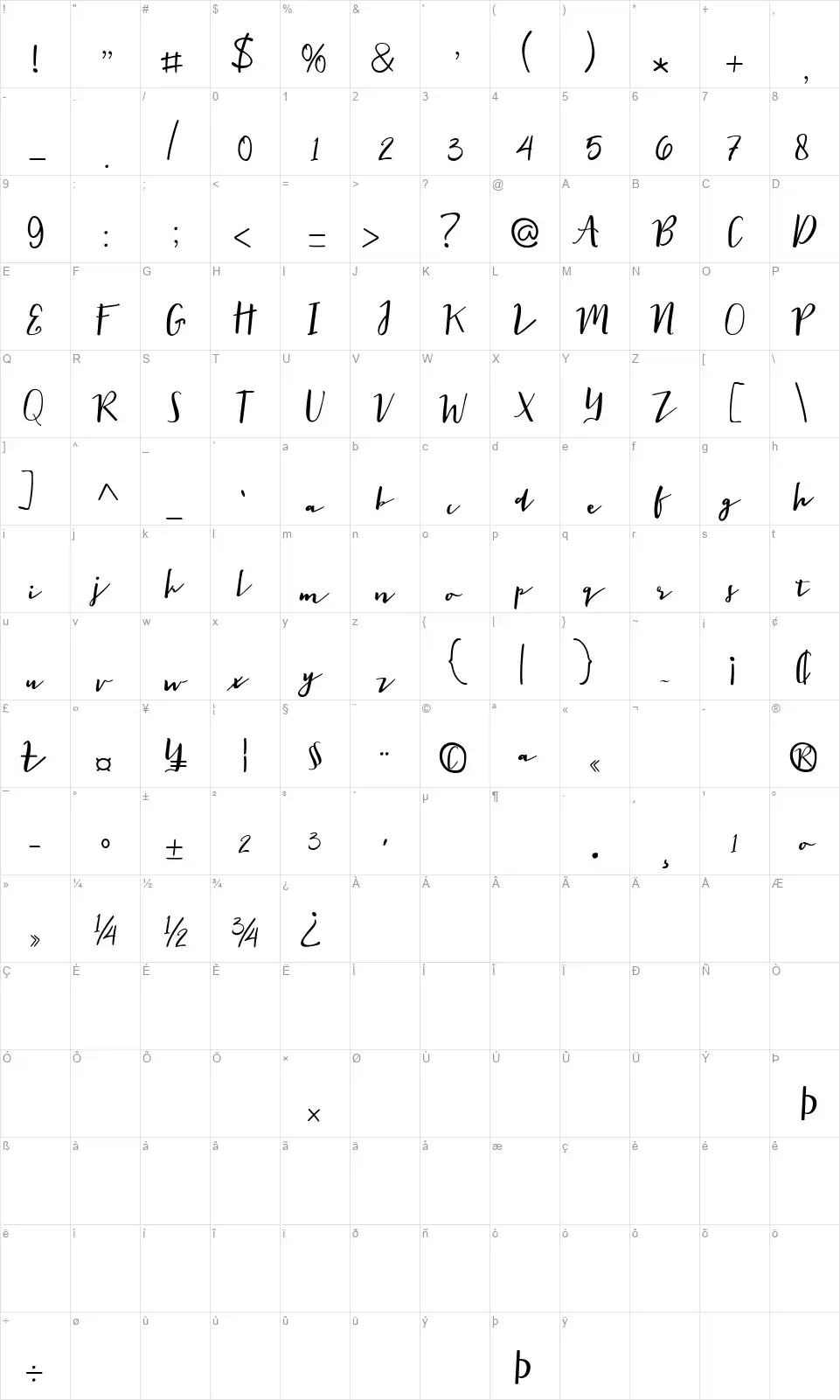 The Signerfont character map