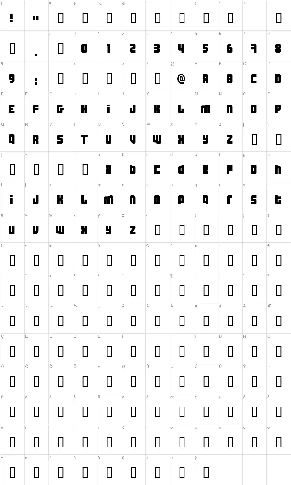 Three the Hard Wayfont character map