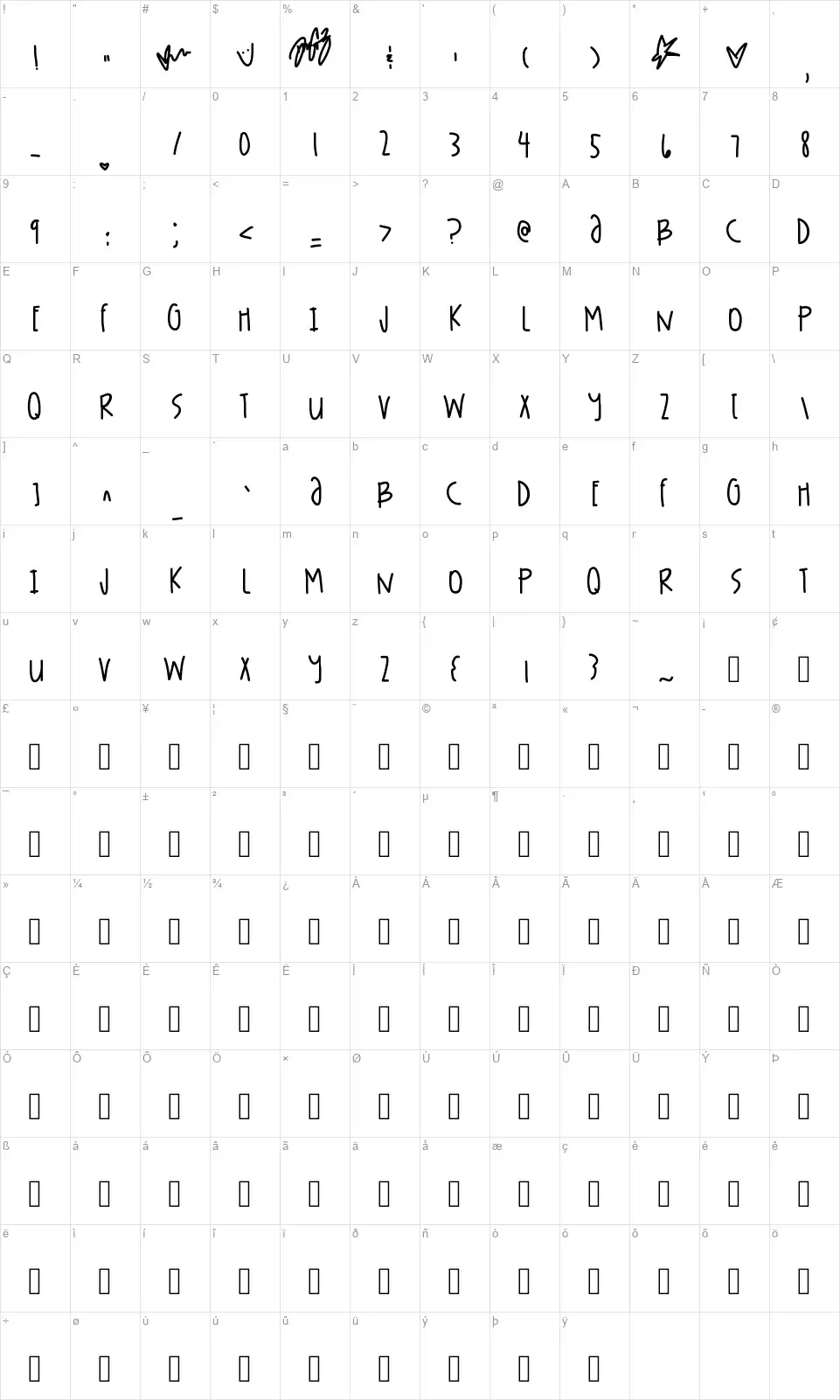 Tights Jaysfont character map