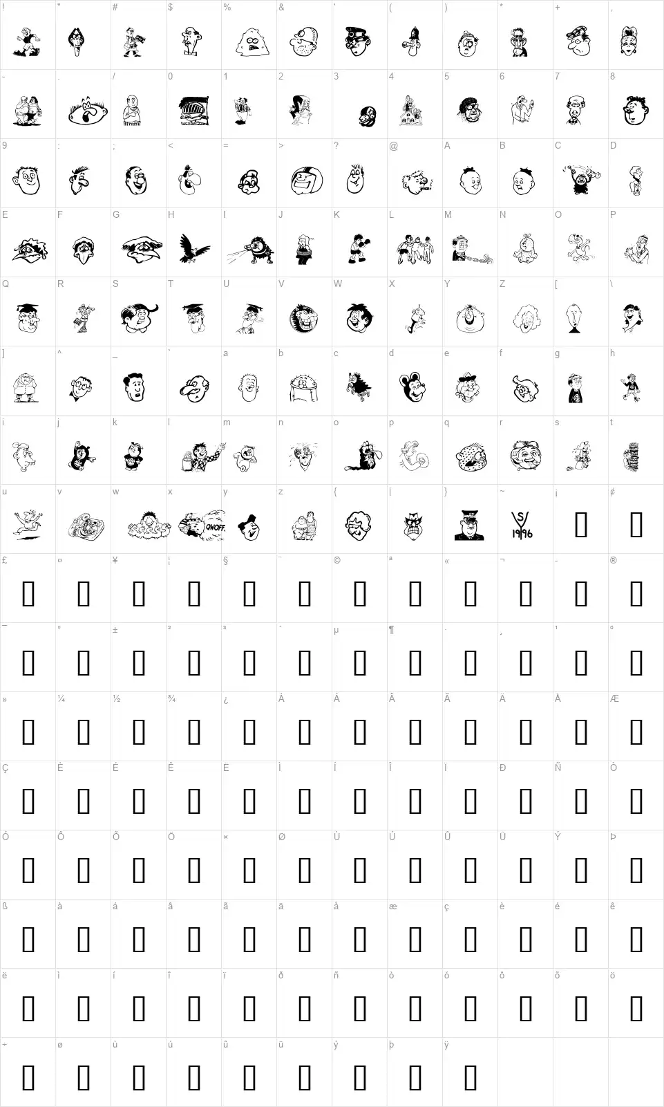 Toons Onefont character map