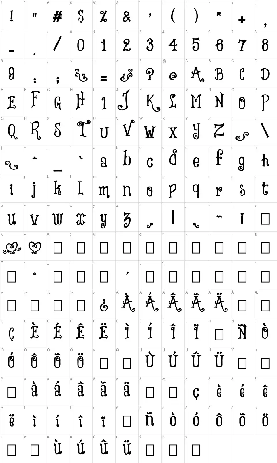 Tricky Heartsfont character map