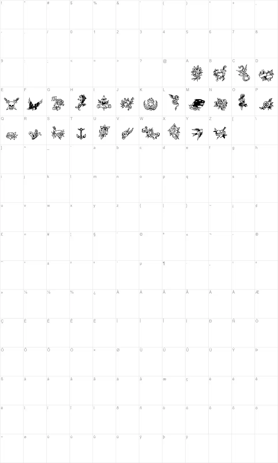 True Man Tattoosfont character map