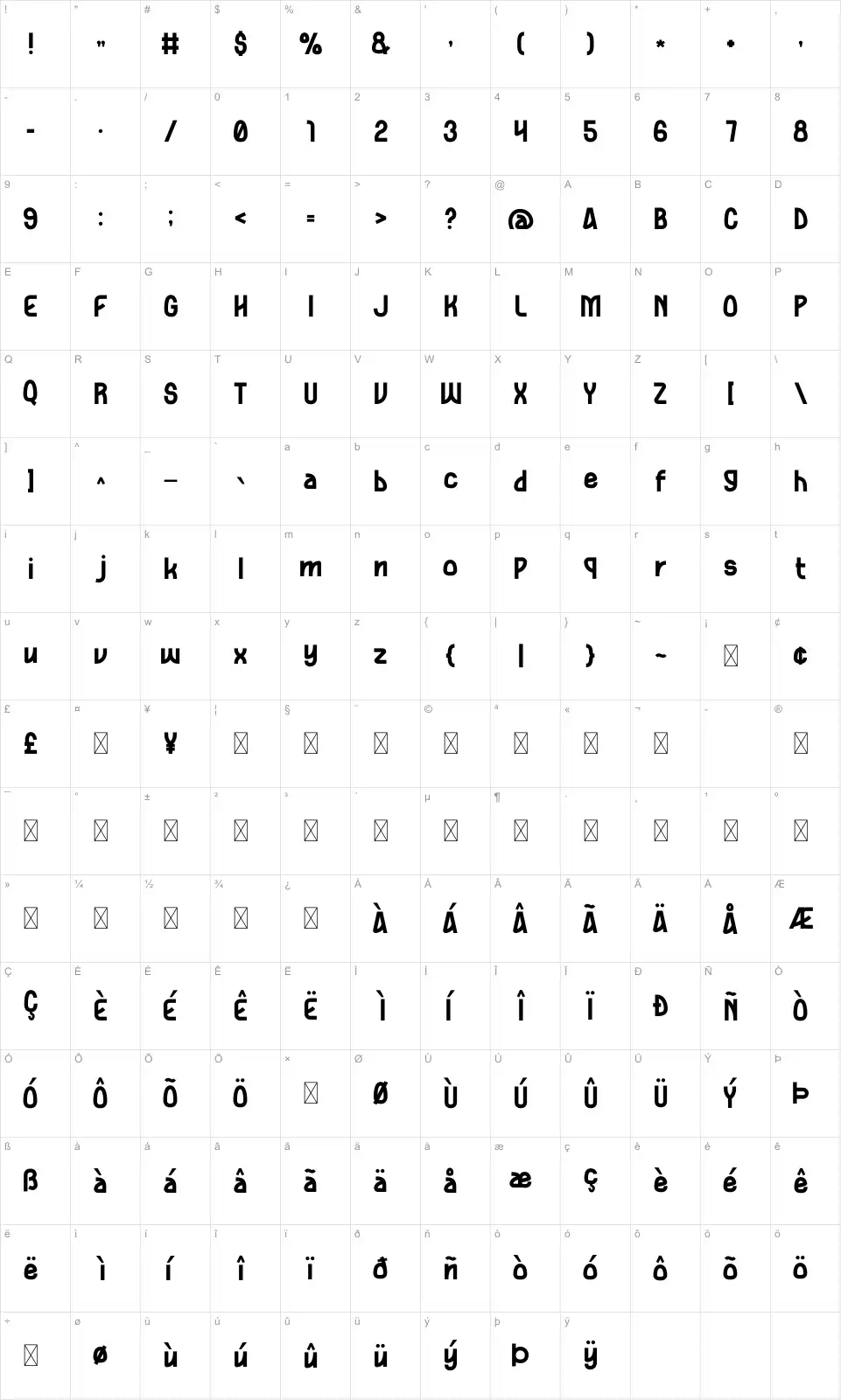 Valentfont character map