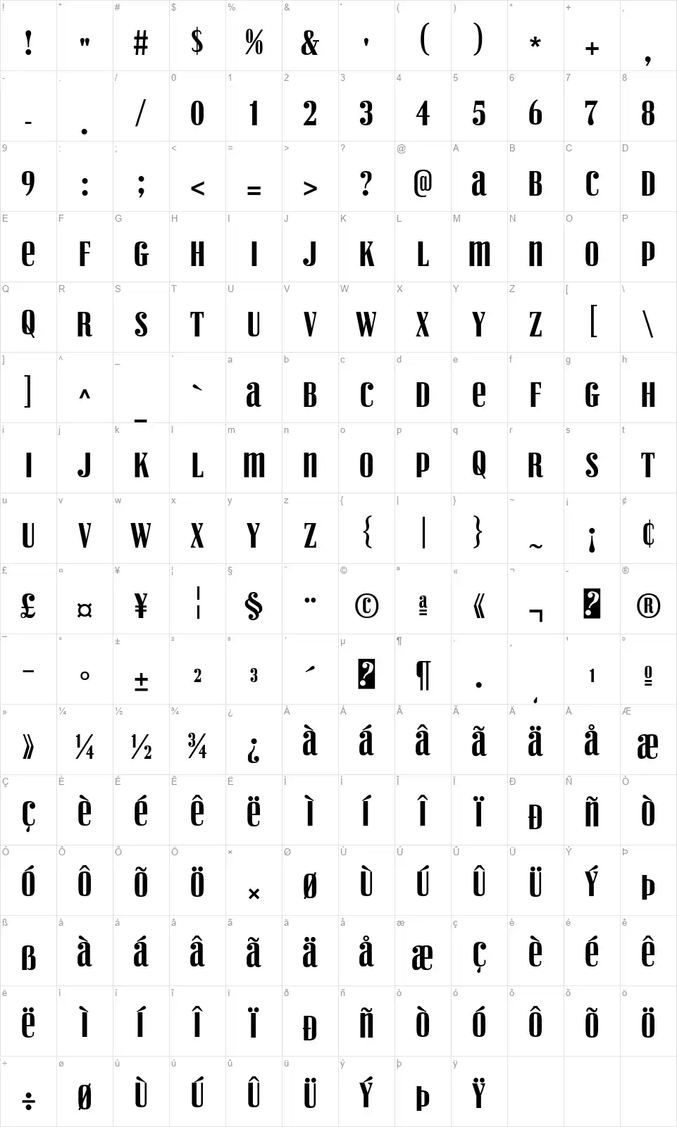 Vexler Slipfont character map
