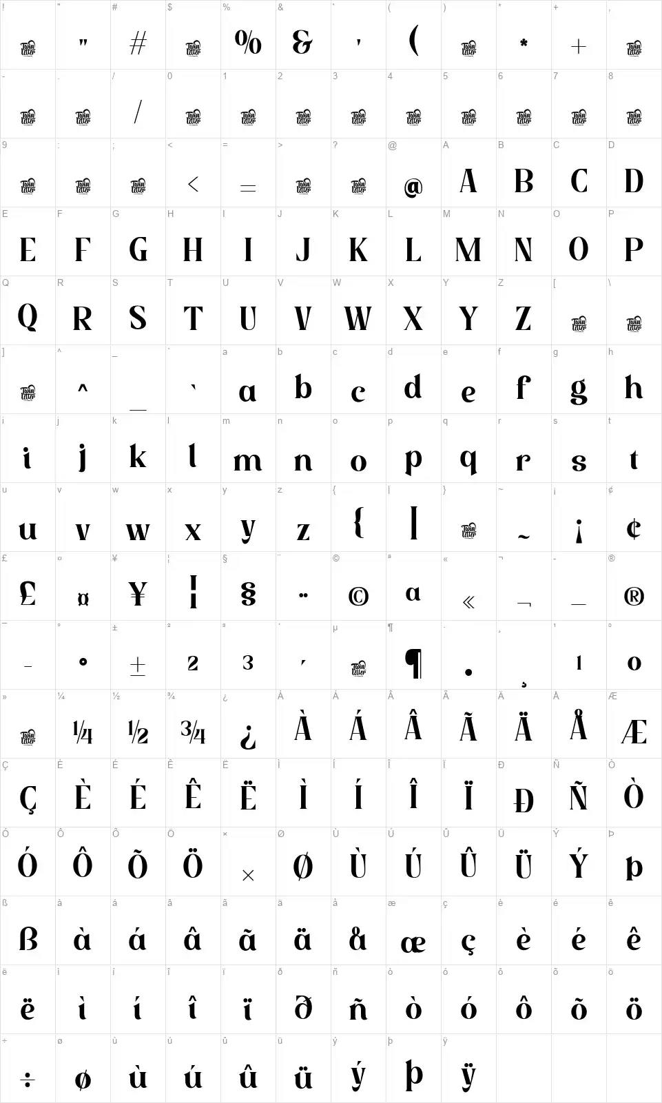 Wallyozfont character map