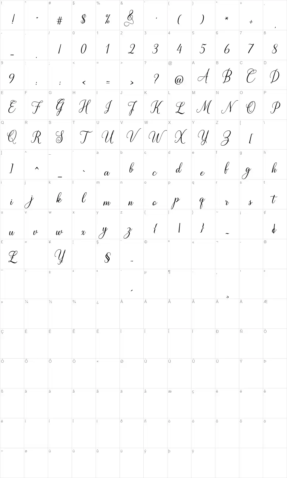 White Crystal Scriptfont character map