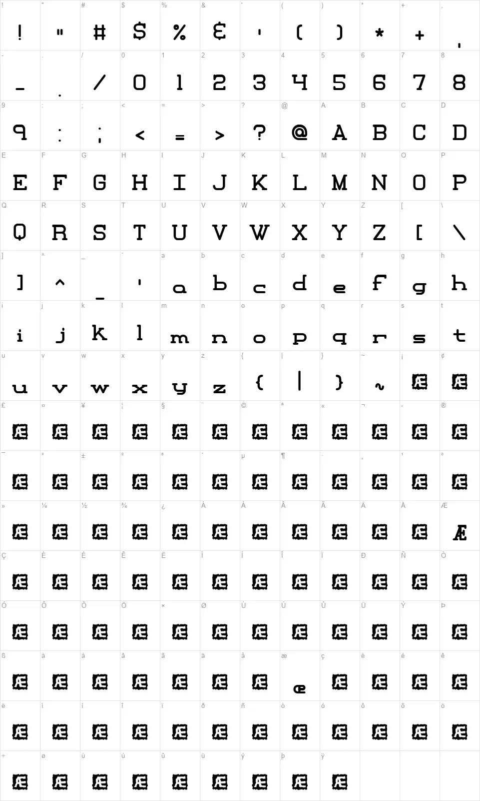 Xipital BRKfont character map