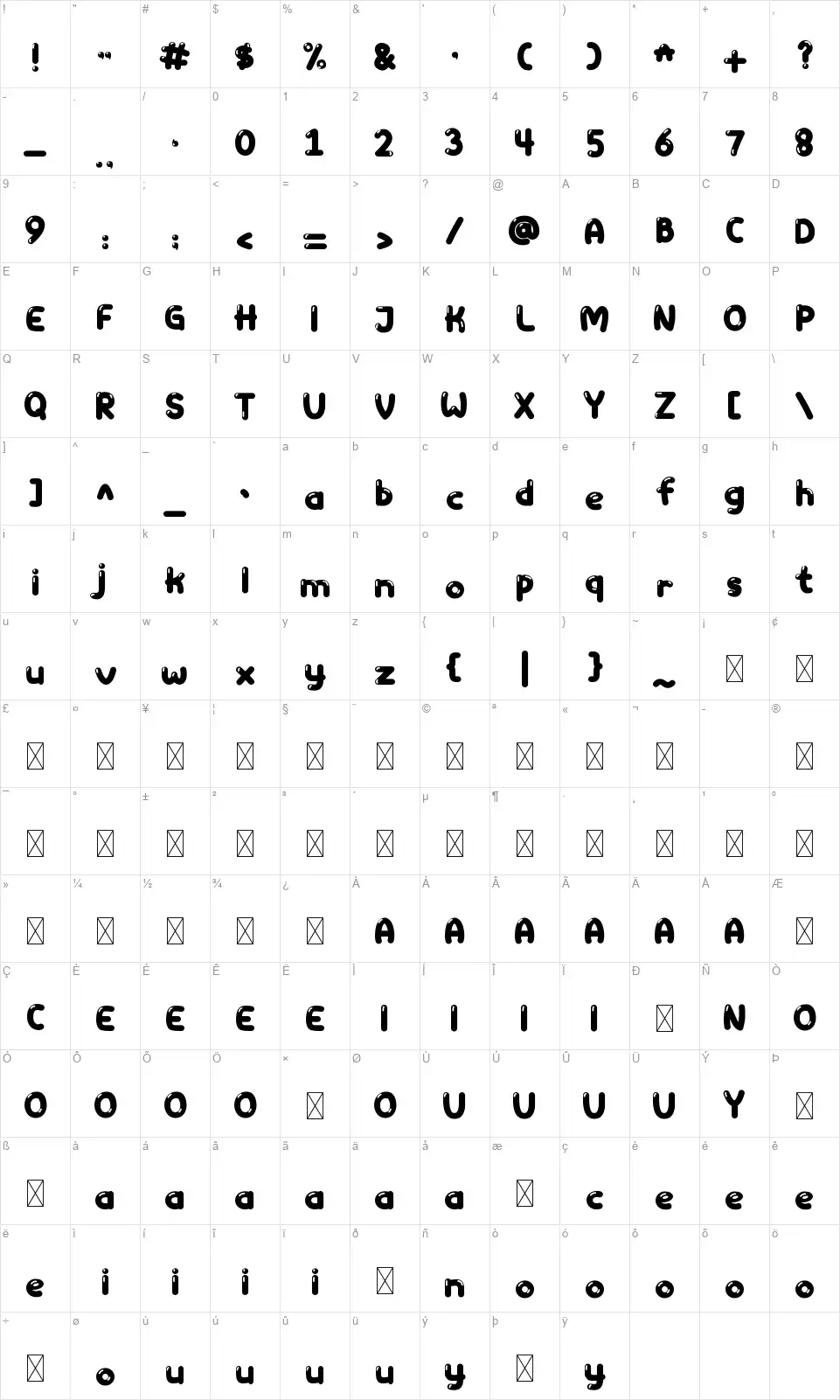 Yumpofont character map